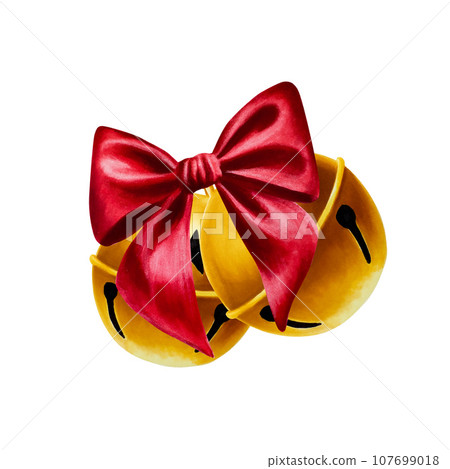 Watercolor christmas golden bells with red satin bow illustration. New year symbol isolated on white background. For designers, decoration, shop, for postcards, wrapping paper, covers. For posters and 107699018