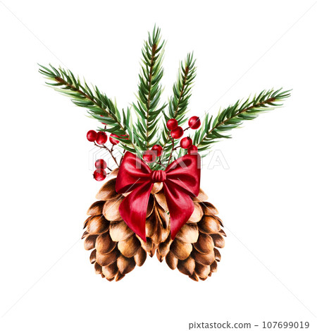 Watercolor hand drawn cone with red satin bow, pine branch and red berries on a branch. New year botanical illustration of pine, spruce, cedar, fir and larch cone isolated on white background. For 107699019