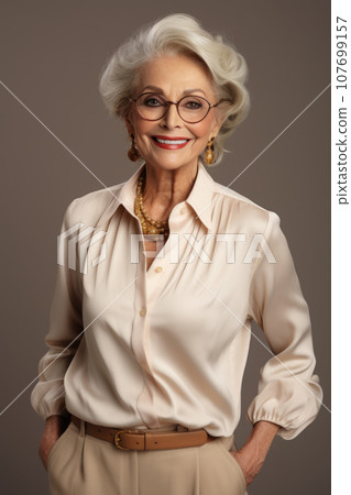 Beautiful stylish elderly woman with grey hair in elegant clothes and glasses Beautiful stylish elderly woman with grey hair in elegant clothes and glasses 107699157