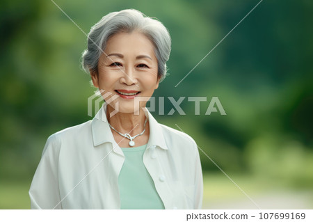Beautiful stylish elderly woman with grey hair in elegant clothes 107699169