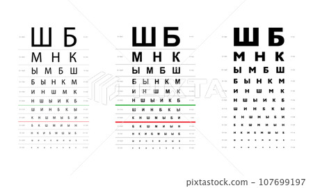 Set of Golovin Sivtsev table Eye Test Chart medical illustration. line vector sketch outline isolated white background Set of Golovin Sivtsev table Eye Test Chart medical illustration. line vector sketch outline isolated white background 107699197