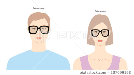 Retro Square frame glasses on women and men flat character fashion accessory illustration. Sunglass front view Retro Square frame glasses on women and men flat character fashion accessory illustration. Sunglass front view 107699198