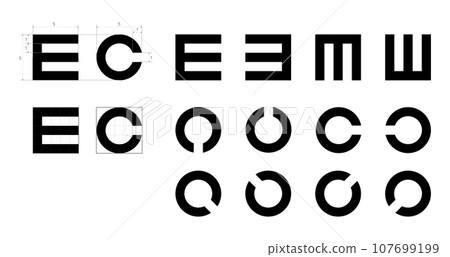 Snellen E and the Landolt C symbols Eye Test Chart medical illustration. Line vector sketch style outline isolated Snellen E and the Landolt C symbols Eye Test Chart medical illustration. Line vector sketch style outline isolated 107699199