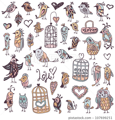 Fantasy birds and cages hand drawn illustration 107699251