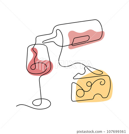 Red wine and cheese one line illustration 107699361