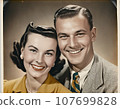 Portrait of a smiling Caucasian American couple in retro style. 1950s aesthetic. Created with AI. 107699828