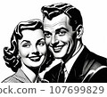 Happy, smiling couple on white background. Retro 1950s aesthetic. Illustration in black and white. Created with AI.  107699829