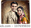 Portrait of a smiling Indian couple in retro style. 1950s aesthetic. Created with AI. 107699830
