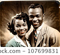 Portrait of a smiling African American couple in retro style. 1950s aesthetic. Created with AI. 107699831