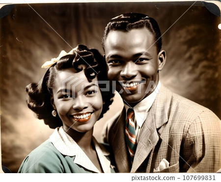 Portrait of a smiling African American couple in retro style. 1950s aesthetic. Created with AI. 107699831