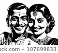 Happy, smiling couple on white background. Retro 1950s aesthetic. Illustration in black and white. Created with AI. 107699833