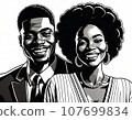 Portrait of a happy, smiling couple. Vintage style aesthetic, modern clothing. Created with AI. 107699834