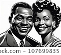 Portrait of a happy, Smiling couple. 1950s style Advertisement Aesthetic. Black and white illustration. Line art. Created with AI. 107699835