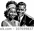 Portrait of a happy, Smiling couple. 1950s style Advertisement Aesthetic. Black and white illustration. Line art. Created with AI. 107699837