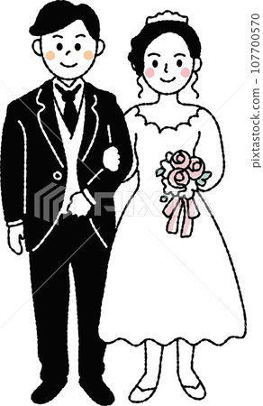 Front view bride and groom drawn with simple black and white lines Front view bride and groom drawn with simple black and white lines 107700570