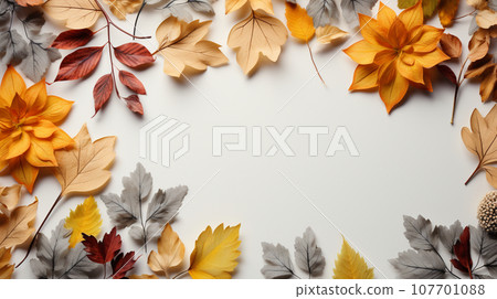 美麗的秋天自然白色背景與枯葉：帶有文字複製空間 107701088