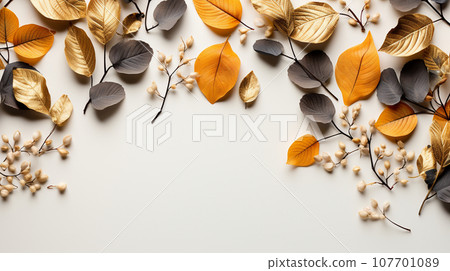 Beautiful autumn natural white background with dead leaves: with text copy space 107701089