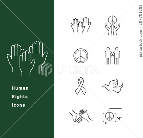Set of line drawing icons about human rights, peace and conflict resolution Set of line drawing icons about human rights, peace and conflict resolution 107701282