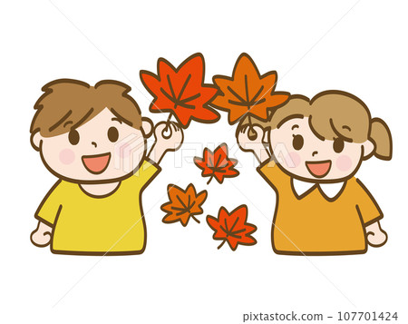 Autumn image illustration_Boys and girls with autumn leaves_Early elementary school students_Preschoolers Autumn image illustration_Boys and girls with autumn leaves_Early elementary school students_Preschoolers 107701424