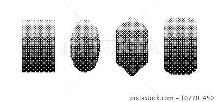Geometric shapes bitmap set. Dither gradient forms collection. Oval, rectangles, diamond elements design elements for poster, banner, collage, booklet, brochure. Abstract pixelated shapes pack. Vector 107701450