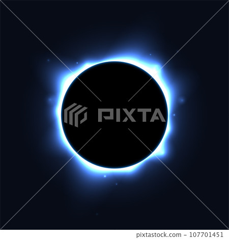 Sun full eclipse concept. Light blue moon glow background. Solar or planet total eclipse in dark space. Hot star surface flare with rays and beams effects. Vector illustration 107701451
