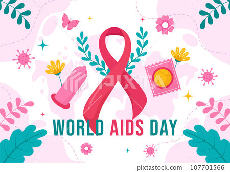 World Aids Day Vector Illustration on 1 december with Red Ribbon to raise awareness of the AIDS epidemic in Flat Cartoon Pink Background Design 107701566