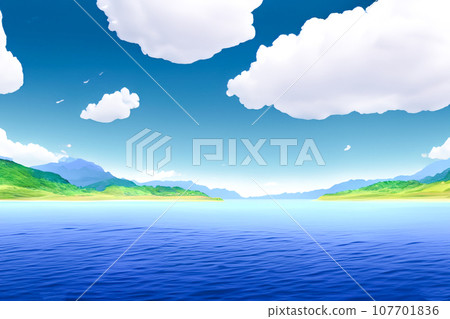 Illustration of a seashore landscape with blue sea and blue sky 107701836