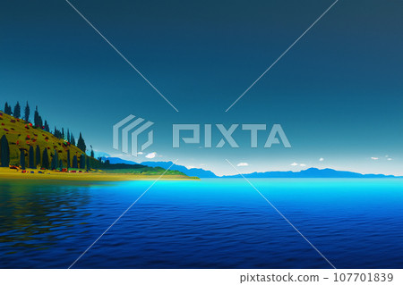 Illustration of a seashore landscape with blue sea and blue sky 107701839