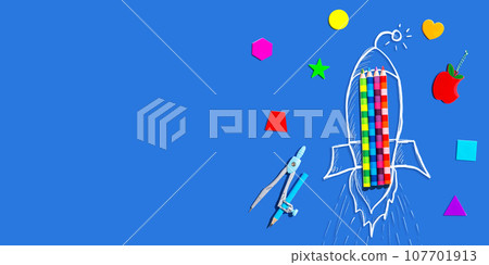 Back to school theme with a rocket with school supplies 107701913
