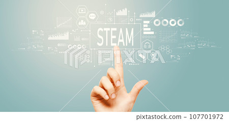STEAM theme with hand pressing a button 107701972