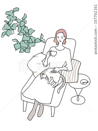 Line drawing of a woman drinking tea while stroking a cat on her lap Line drawing of a woman drinking tea while stroking a cat on her lap 107702161