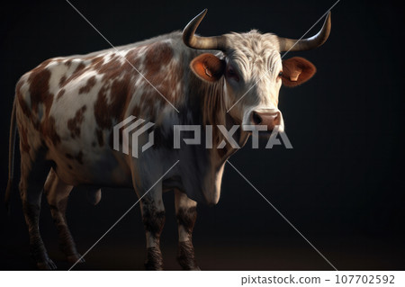 A peaceful and natural scenery of a brown and white cow grazing on a green meadow with trees and hills in the background. AI Generative. 107702592