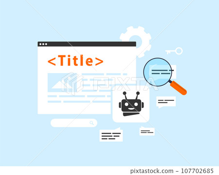 AI SEO Title Generator concept. AI-powered generator for website title, headlines based on content and top-ranking titles in search results. Vector isolated illustration on blue background with icons 107702685