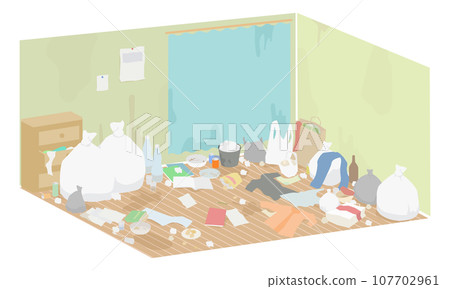 骯髒的房間，周圍散落著垃圾的插圖 107702961