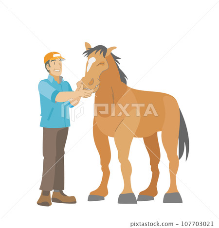 Stable worker taking care of horses in the stable 107703021