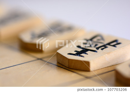 Shogi pieces lined up on a shogi board Shogi pieces lined up on a shogi board 107703206