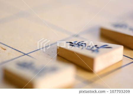 Shogi pieces lined up on a shogi board 107703209
