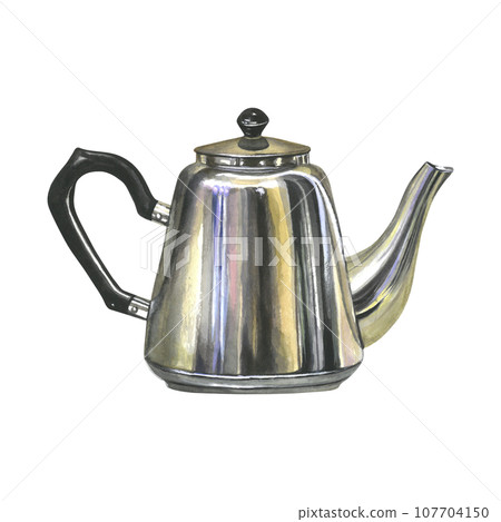 Watercolor illustration of a metal teapot. Isolated on a transparent background, hand drawn Watercolor illustration of a metal teapot. Isolated on a transparent background, hand drawn 107704150