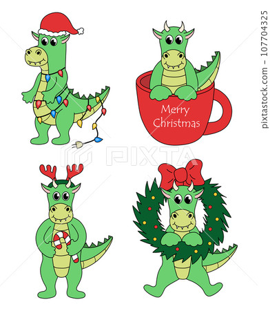 Set of cartoon Christmas and New Year Dragon characters. Cute Dragon in cup, garland, with candy cane, Deer Antler Headband, wreath. Vector flat illustration. 107704325