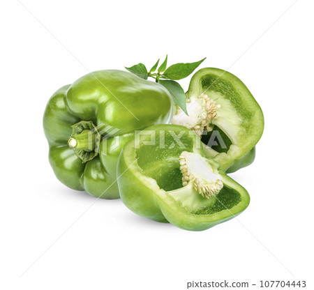 Fresh green sweet pepper with leaves isolated on white background Fresh green sweet pepper with leaves isolated on white background 107704443