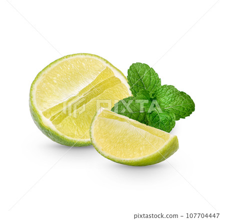 Fresh lime with mint leaves isolated on white background 107704447