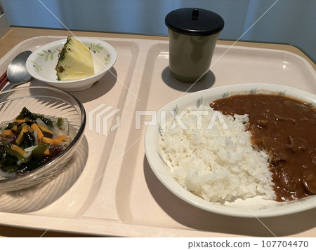 Hospital food: Hayashi rice, side dish, and pineapple 107704470