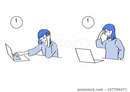 A woman in a cut-and-sew dress who is tired from working on a PC until late at night 107704471