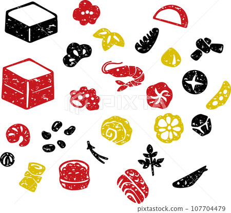 Osechi cuisine New Year print stamp silhouette hand drawn Japan Japanese food illustration material set Osechi cuisine New Year print stamp silhouette hand drawn Japan Japanese food illustration material set 107704479