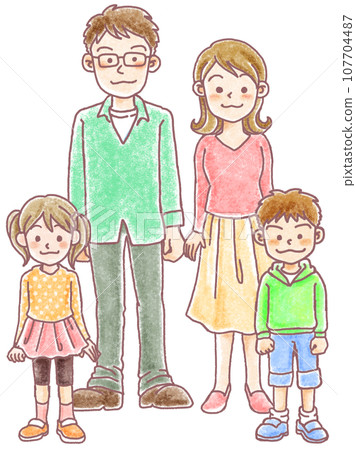 蠟筆畫風格人物_全身_四個年輕父母和孩子 107704487