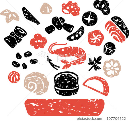 Osechi cuisine New Year print stamp silhouette hand drawn Japan Japanese food illustration material set 107704522