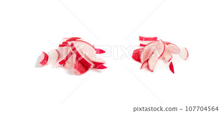 Chopped Radish Roots Isolated, Red Root Cuts, Diced Red Radishes Pile, Sliced Radis on White Background Chopped Radish Roots Isolated, Red Root Cuts, Diced Red Radishes Pile, Sliced Radis on White Background 107704564
