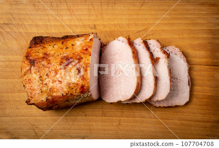 Baked Pork Cut, Roasted Sliced Loin, Tenderloin Ham Piece Baked Pork Cut, Roasted Sliced Loin, Tenderloin Ham Piece 107704708