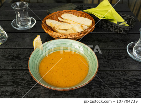 Red Lentil Soup, Yellow Cream Puree, Ramadan Food, Pumpkin Vegetarian Dish, Orange Lentil Soup in Bowl Red Lentil Soup, Yellow Cream Puree, Ramadan Food, Pumpkin Vegetarian Dish, Orange Lentil Soup in Bowl 107704739
