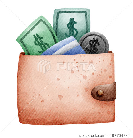 Isolated cute wallet with money and card for shopping in watercolor style Isolated cute wallet with money and card for shopping in watercolor style 107704781